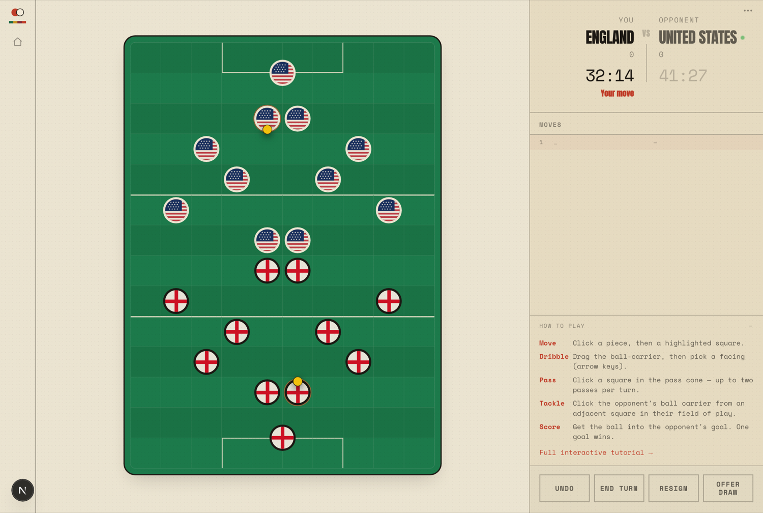 England versus the United States on the Taka online board